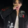 Close-up of Arirang Tour 2026 BTS Jungkook What Is Your Love Song Bomber Jacket