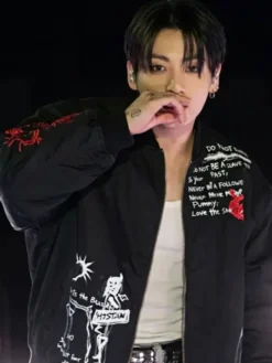 Close-up of Arirang Tour 2026 BTS Jungkook What Is Your Love Song Bomber Jacket