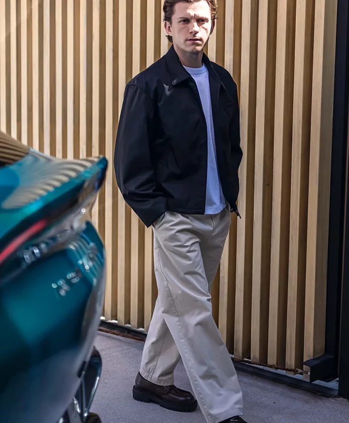 Close-up of Aston Martin Tom Holland Black Satin Workwear Varsity Jacket Sale