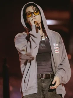 Close-up of BTS ARIRANG Baltimore World Tour Jungkook Grey Hooded Jacket