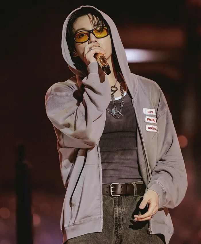 Close-up of BTS ARIRANG Baltimore World Tour Jungkook Grey Hooded Jacket