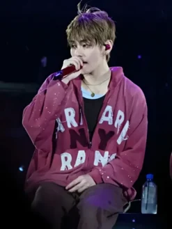Close-up of BTS ARIRANG New York Red Zip-Up Fleece Hooded Jacket