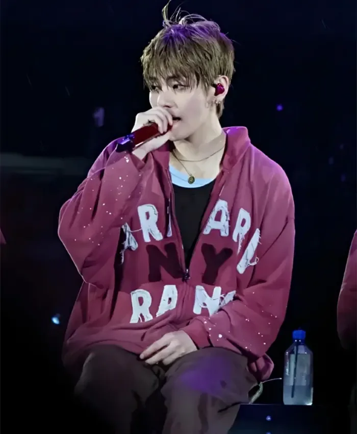 Close-up of BTS ARIRANG New York Red Zip-Up Fleece Hooded Jacket