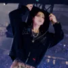 Close-up of BTS ARIRANG World Tour Arlington Jungkook Zip-Up Black Fleece Hoodie