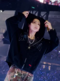 Close-up of BTS ARIRANG World Tour Arlington Jungkook Zip-Up Black Fleece Hoodie