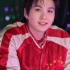 Close-up of BTS ARIRANG World Tour Toronto Suga Red And White Satin Quilted Bomber Jacket