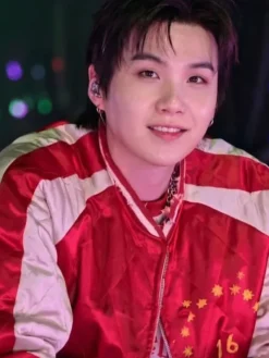 Close-up of BTS ARIRANG World Tour Toronto Suga Red And White Satin Quilted Bomber Jacket