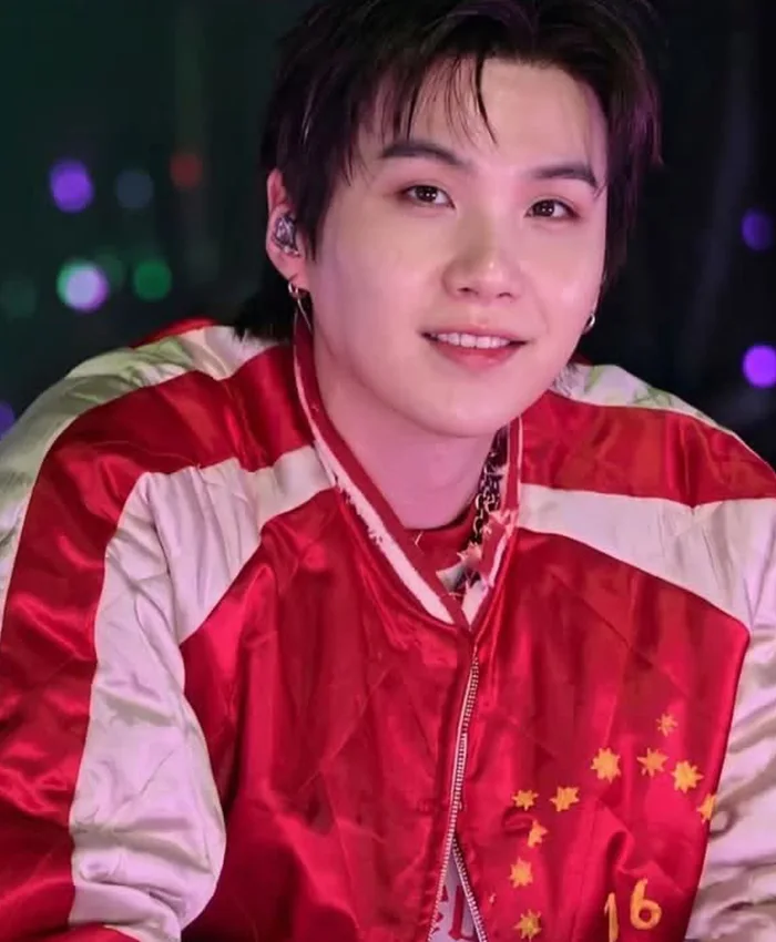 Close-up of BTS ARIRANG World Tour Toronto Suga Red And White Satin Quilted Bomber Jacket
