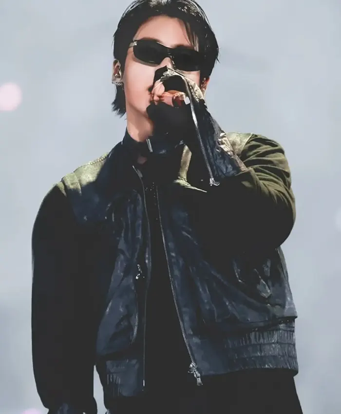 Close-up of BTS World Tour ARIRANG Baltimore Jungkook Black Leather Vest