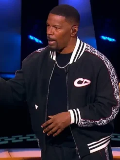 Close-up of Beat Shazam Jamie Foxx Black Fleece Varsity Jacket