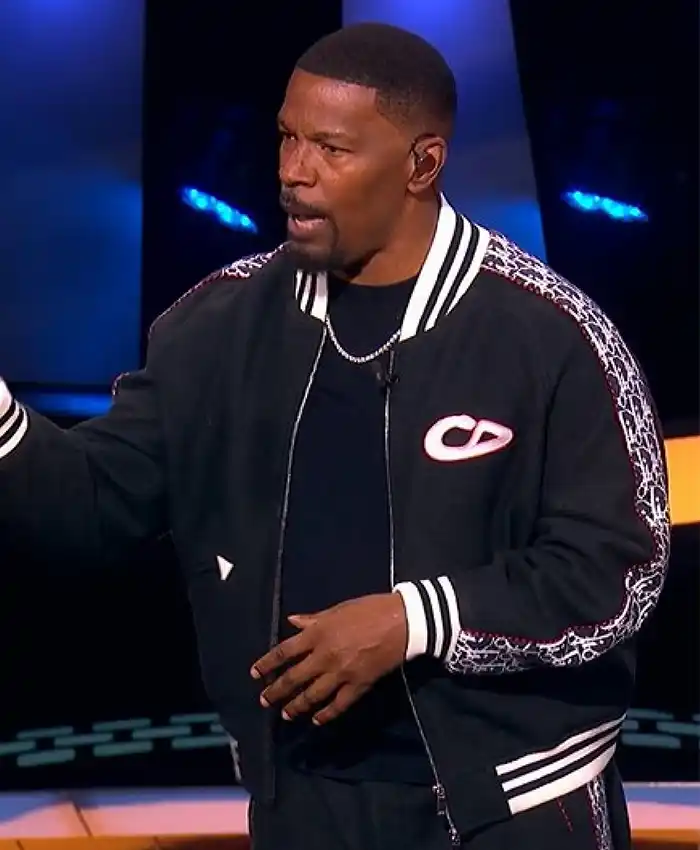Close-up of Beat Shazam Jamie Foxx Black Fleece Varsity Jacket