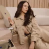 Close-up of Belinda Levi's Beige Denim Trucker Jacket