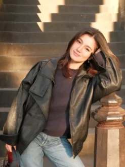 Women's Sydney Trip 2026 Belle Mariano Black Leather Bomber Jacket front view