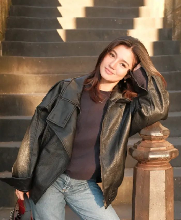 Women's Sydney Trip 2026 Belle Mariano Black Leather Bomber Jacket front view