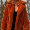 Close-up of Beth Dutton Yellowstone Orange Fluffy Shearling Fur Coat Jacket