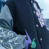 Close-up of Bibisama Mob Psycho 100 Shigeo Navy And Grey Wool Fleece Varsity Jacket