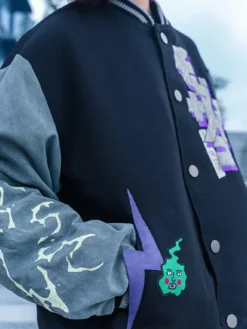 Close-up of Bibisama Mob Psycho 100 Shigeo Navy And Grey Wool Fleece Varsity Jacket