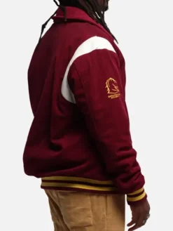 Close-up of Brisbane Broncos NRL Team 1908 Maroon Wool Varsity Jacket