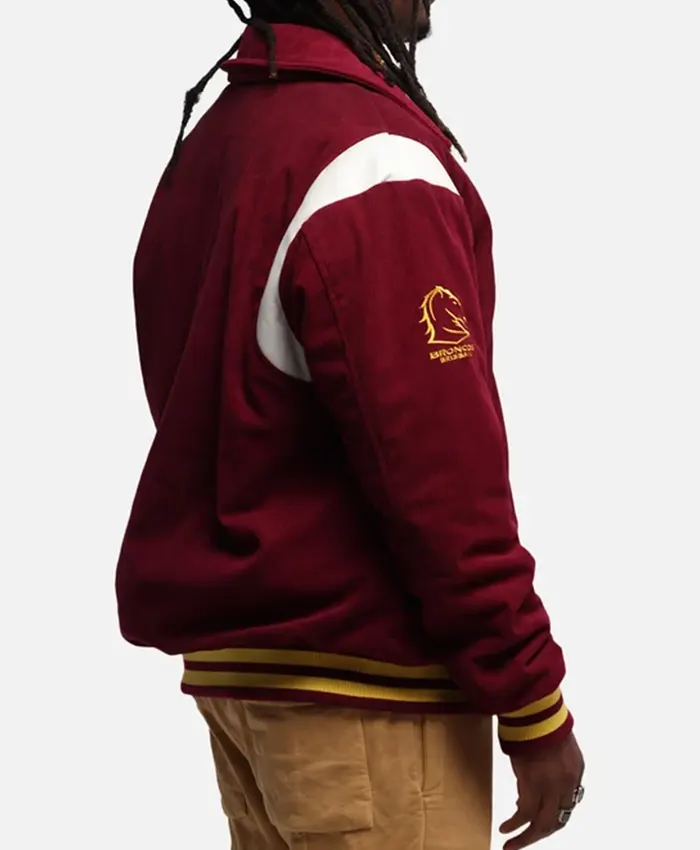 Close-up of Brisbane Broncos NRL Team 1908 Maroon Wool Varsity Jacket