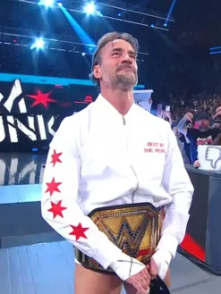 Close-up of CM Punk Smack Down Best In The World Satin White Bomber Jacket