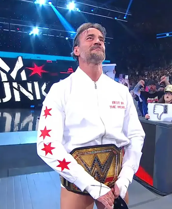 Close-up of CM Punk Smack Down Best In The World Satin White Bomber Jacket