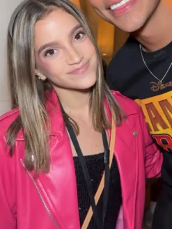 Close-up of Camp Rock 3 2026 Chyler Emery Pink Biker Moto Leather Jacket