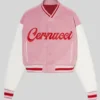 Close-up of Cernucci 2026 Pink And White Wool Leather Varsity Jacket Sale