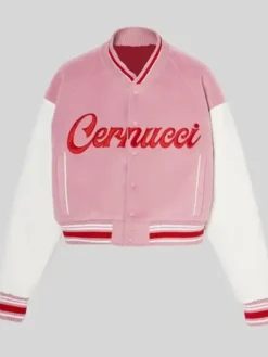 Close-up of Cernucci 2026 Pink And White Wool Leather Varsity Jacket Sale