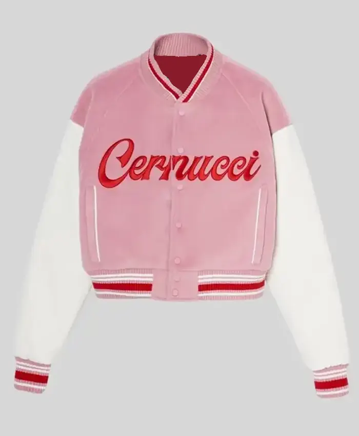 Close-up of Cernucci 2026 Pink And White Wool Leather Varsity Jacket Sale