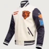 Close-up of Chicago Bears Retro Classic Rib Wool Cream And Blue Varsity Jacket
