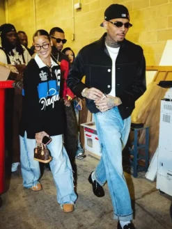 Close-up of Chris Brown Boston Black Wool Satin Contrast-Stitch Trucker Jacket
