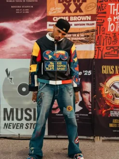 Close-up of Chris Brown KidSuper x McDonald's Black Moto Cafe Racer Leather Jacket