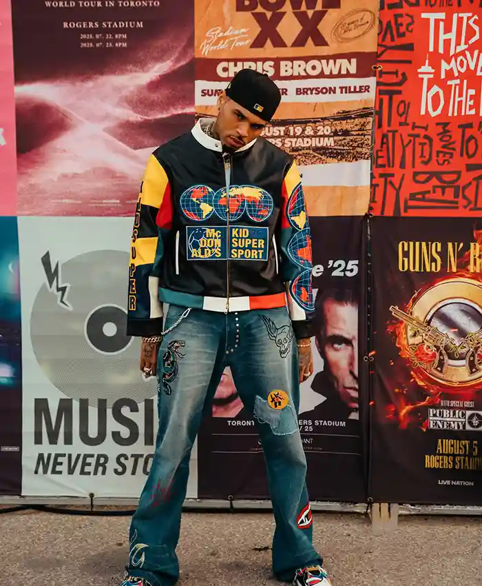 Close-up of Chris Brown KidSuper x McDonald's Black Moto Cafe Racer Leather Jacket