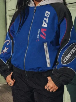 Close-up of Corteiz x Grand Theft Auto VI Blue And Black Racing Zip-Up Hooded Jacket