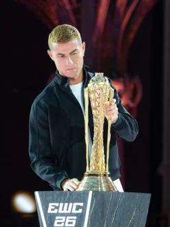 Close-up of Cristiano Ronaldo Esports World Cup Closing Ceremony Paris 2026 Black Track Jacket