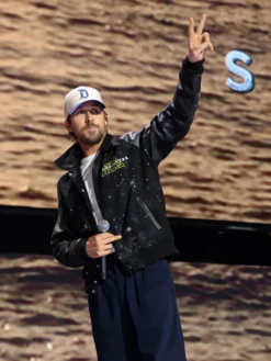 Close-up of D23 Ultimate Fan Event 2026 Ryan Gosling Star Wars Starfighter Black Varsity Jacket