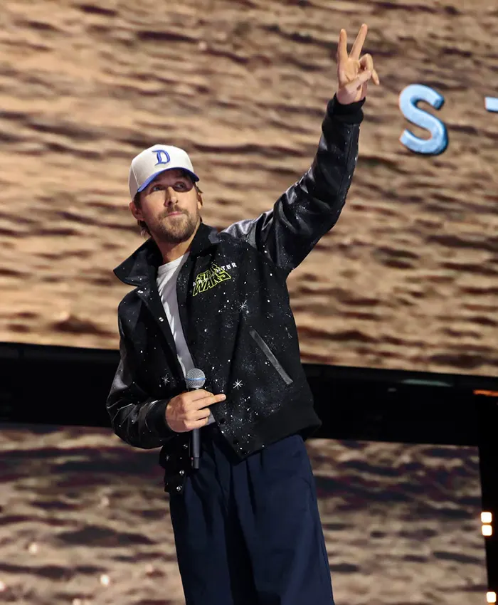 Close-up of D23 Ultimate Fan Event 2026 Ryan Gosling Star Wars Starfighter Black Varsity Jacket