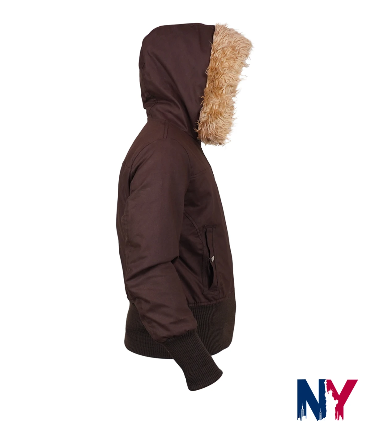 Close-up of Deals On Hollister Women’s Peyton Twill Brown Hooded Fur Jacket