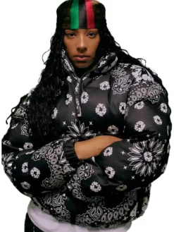 Close-up of Denim Tears x André Leon Talley Fall 2026 Black Bandana Parachute Puffer Jacket