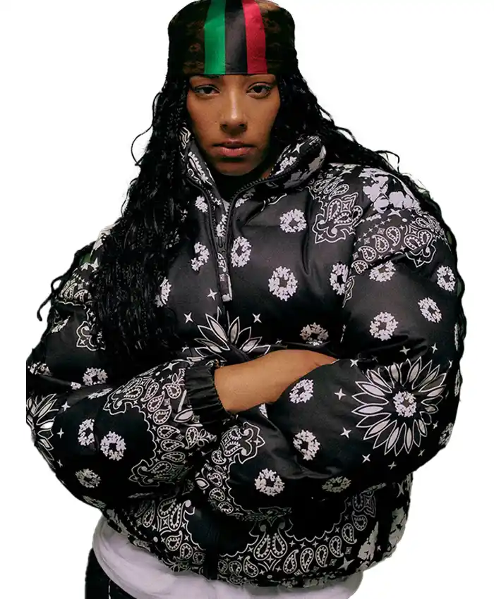 Close-up of Denim Tears x André Leon Talley Fall 2026 Black Bandana Parachute Puffer Jacket