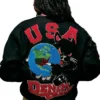 Close-up of Denim Tears x André Leon Talley Fall 2026 Black USA Globe Panther Wool Jacket