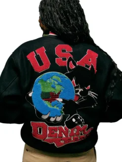 Close-up of Denim Tears x André Leon Talley Fall 2026 Black USA Globe Panther Wool Jacket