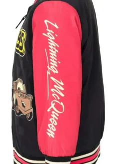 Close-up of Disney Cars Lightning McQueen Red And Black Varsity Jacket