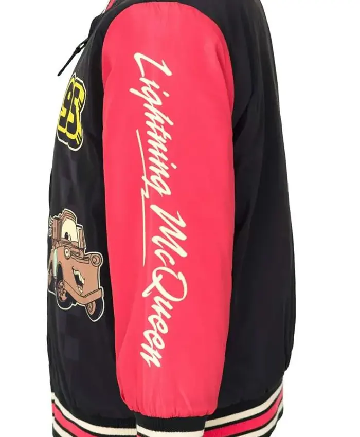 Close-up of Disney Cars Lightning McQueen Red And Black Varsity Jacket