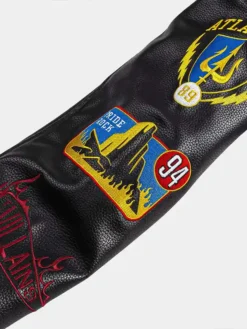 Close-up of Disney Villains x Shoe Palace Video Vault Black Wool Leather Varsity Jacket