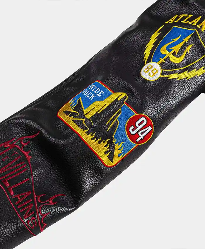 Close-up of Disney Villains x Shoe Palace Video Vault Black Wool Leather Varsity Jacket