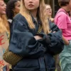 Close view of Emily Raine Movie Finding Emily 2026 Angourie Rice Blue Satin Bomber Jacket