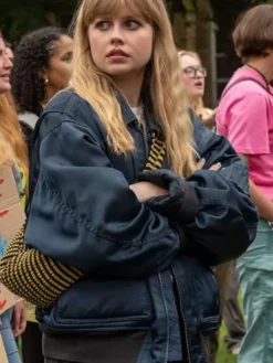 Close view of Emily Raine Movie Finding Emily 2026 Angourie Rice Blue Satin Bomber Jacket