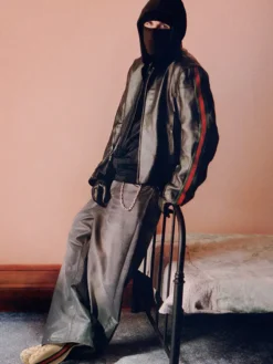 Close-up of EsDeeKid Gucci Primavera Red And Green Side Strips Black Racer Leather Jacket