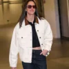 Close-up of Fever vs Dallas Caitlin Clark White Blouson Brown Corduroy Collar Denim Jacket
